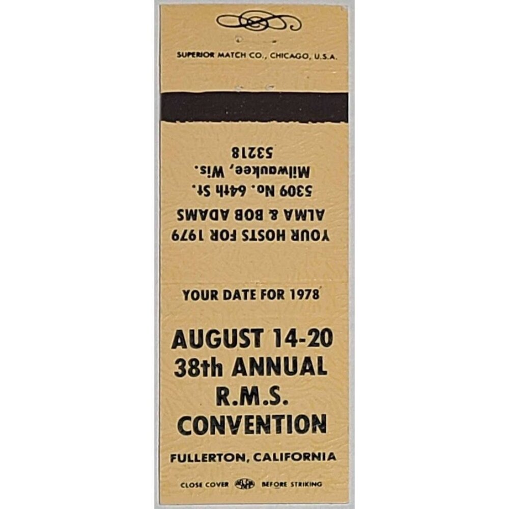 Vintage Matchbook Cover RMS 38th Annual Convention 1978 Fullerton CA Beige